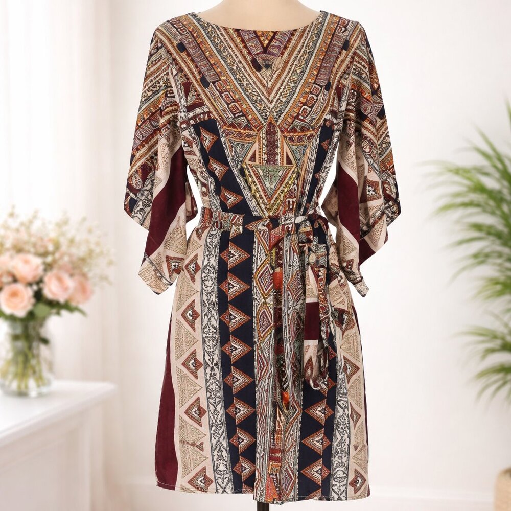 Boho Tribal Print Mini Dress Festival Kimono Sleeve Tie Waist Small - Picture 2 of 11